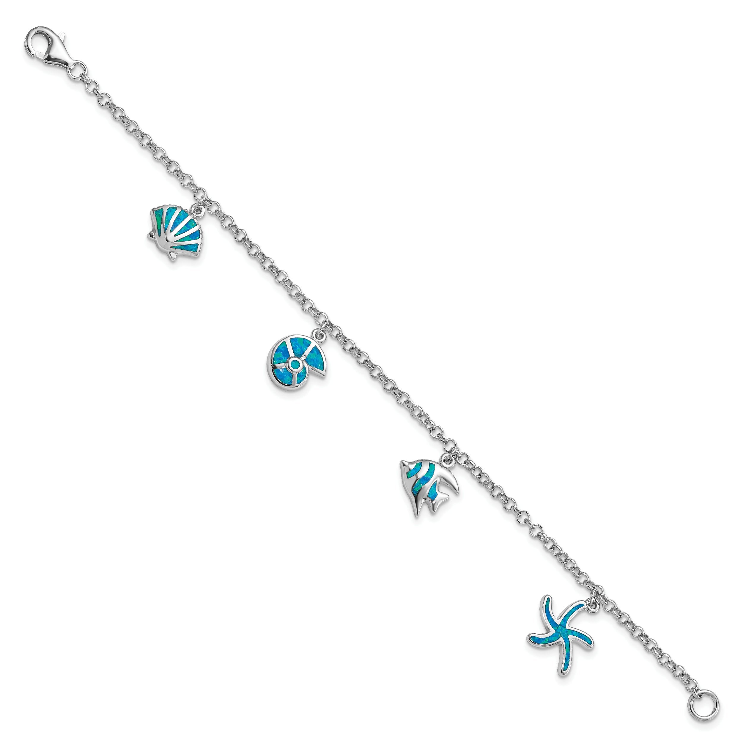 Sterling Silver Rhodium Created Opal Fish and Shells Charm Bracelet
