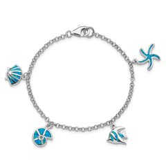 Sterling Silver Rhodium Created Opal Fish and Shells Charm Bracelet
