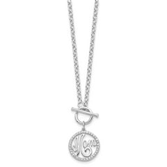 Sterling Silver CZ MOM Necklace with Rhodium-Plated Polished Finish
