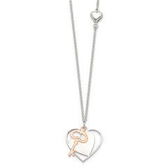 Sterling Silver Rose-Tone Heart and Key Necklace Polished Finish 18
