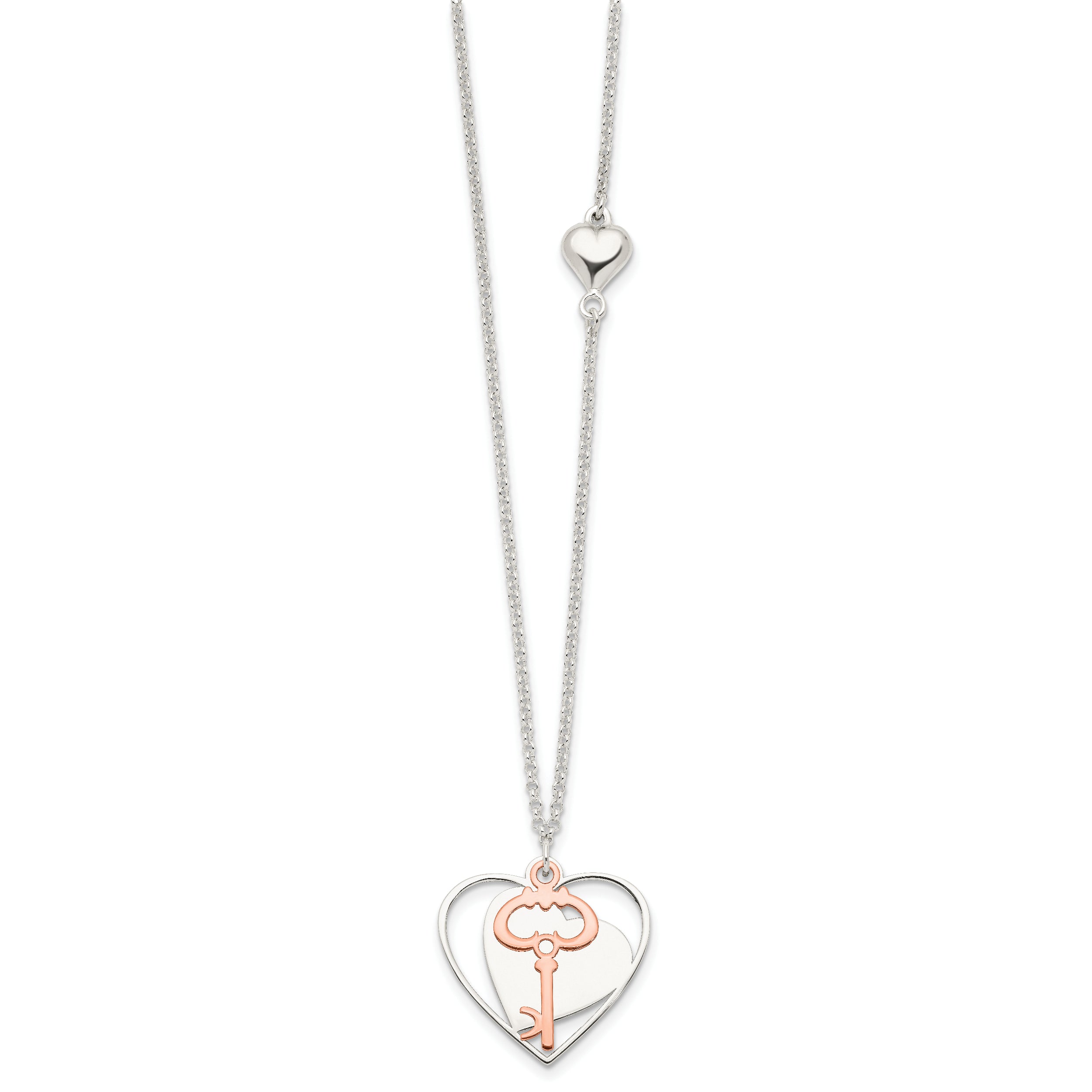 Sterling Silver Rose-Tone Heart and Key Necklace Polished Finish 18