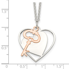 Sterling Silver Rose-Tone Heart and Key Necklace Polished Finish 18