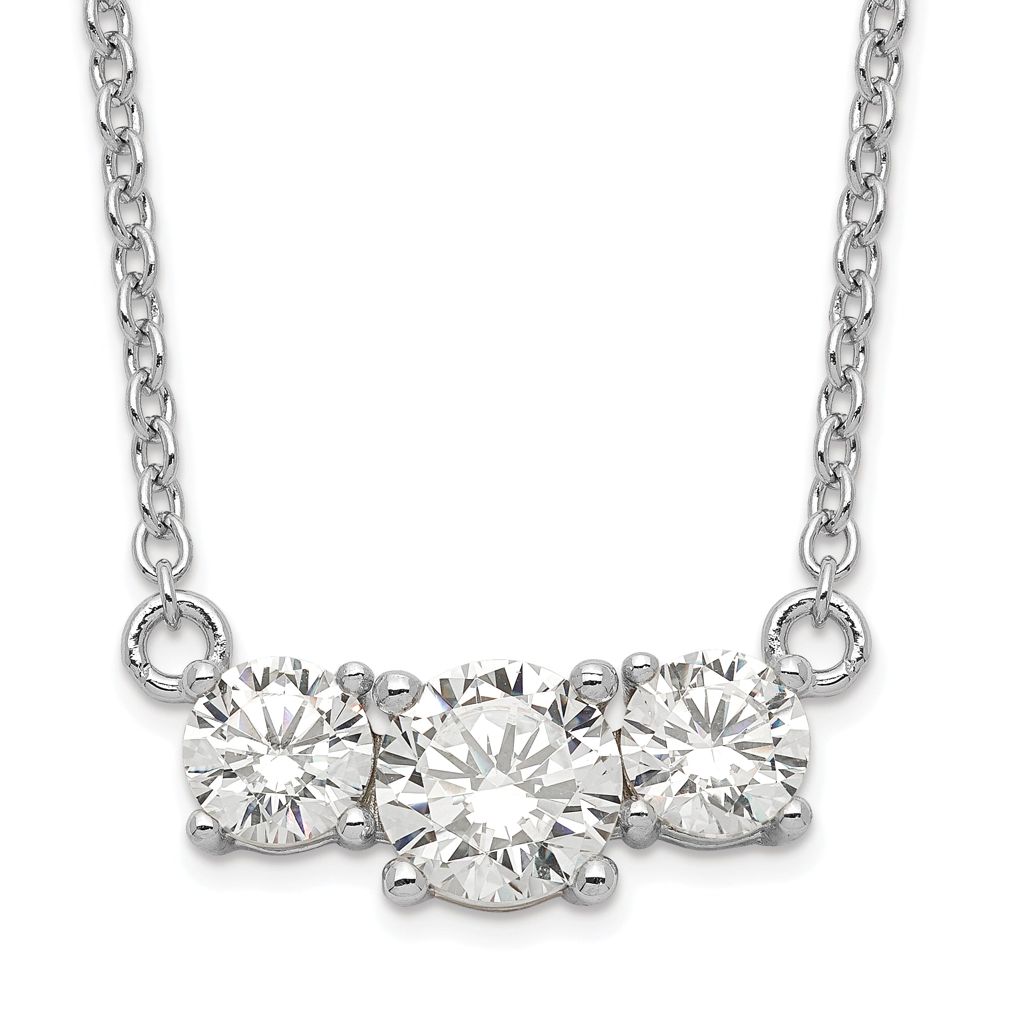 Sterling Silver Rhodium-plated CZ 3-Stone w/1in ext. Necklace