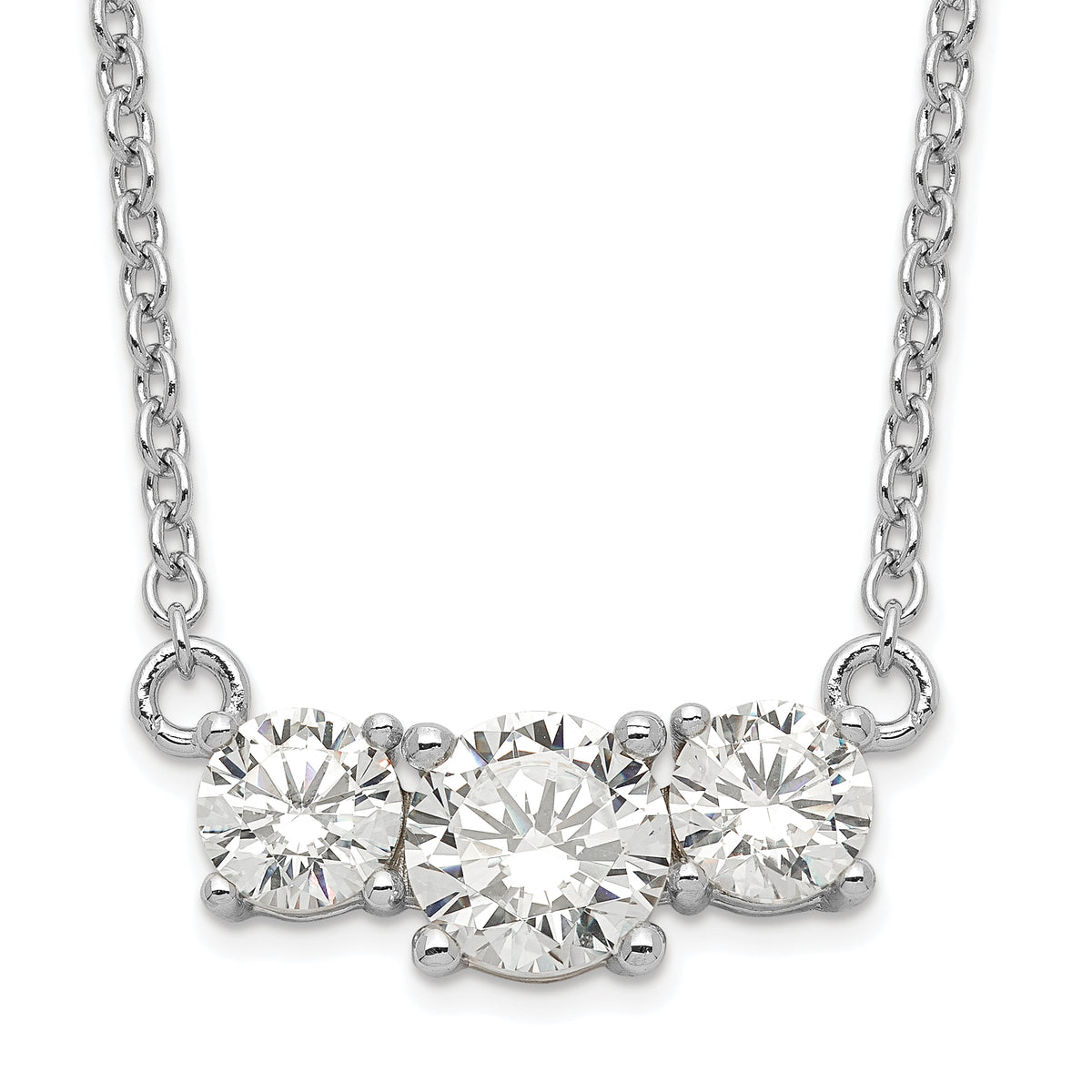 Sterling Silver Rhodium-plated CZ 3-Stone w/1in ext. Necklace
