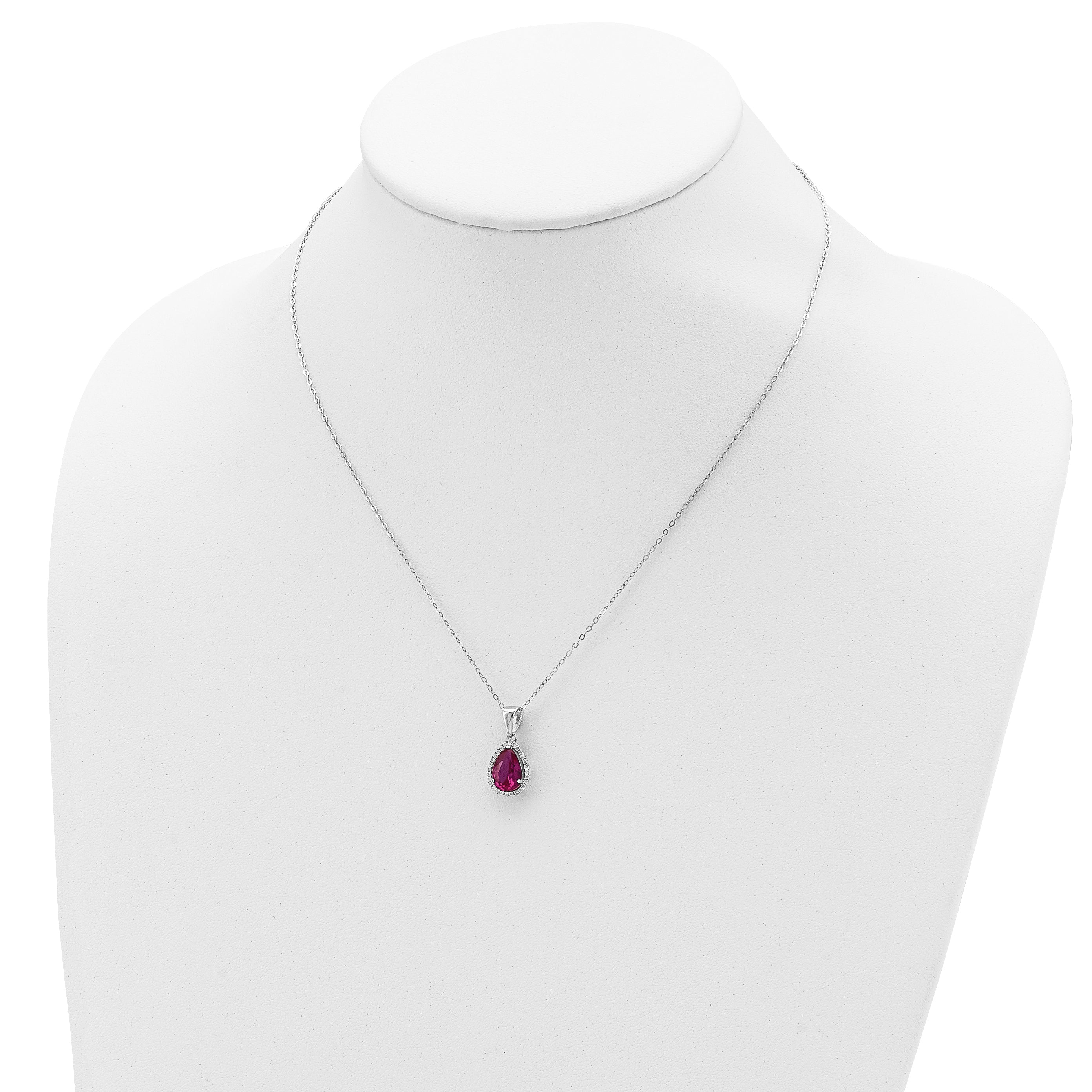 Sterling Silver 18in Necklace with Lab Ruby & CZ Pear Pendant