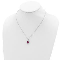 Sterling Silver 18in Rhodium Plated Polished Clear CZ and Lab Created Ruby Pear Shaped Necklace