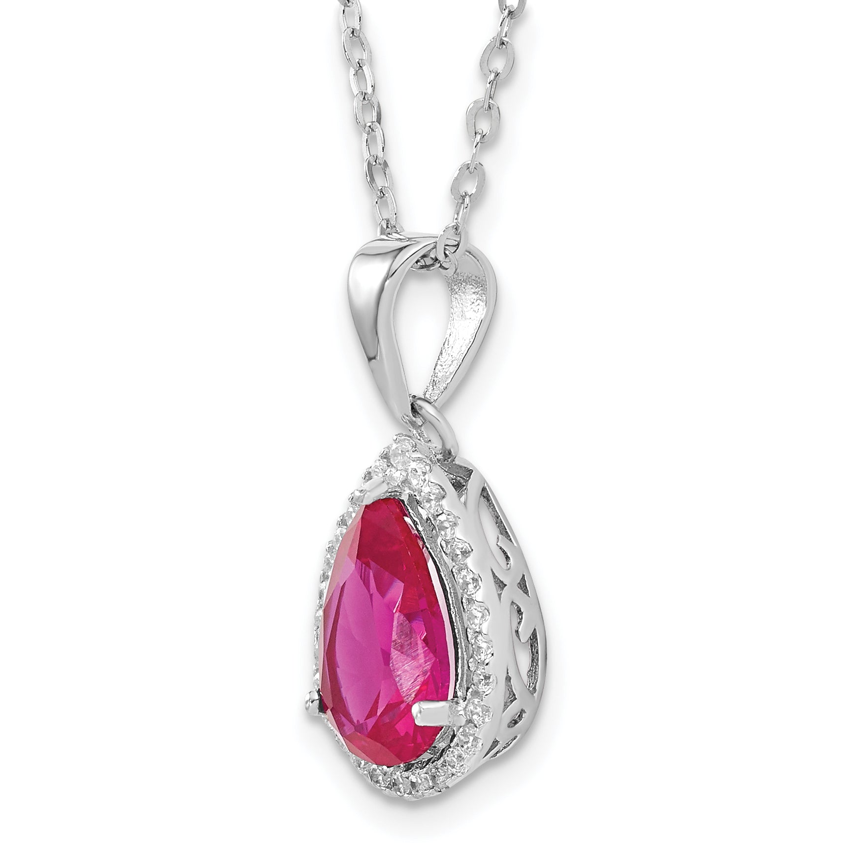 Sterling Silver 18in Rhodium Plated Polished Clear CZ and Lab Created Ruby Pear Shaped Necklace