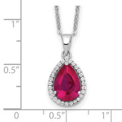 Sterling Silver 18in Rhodium Plated Polished Clear CZ and Lab Created Ruby Pear Shaped Necklace