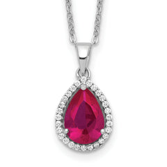 Sterling Silver 18in Rhodium Plated Polished Clear CZ and Lab Created Ruby Pear Shaped Necklace