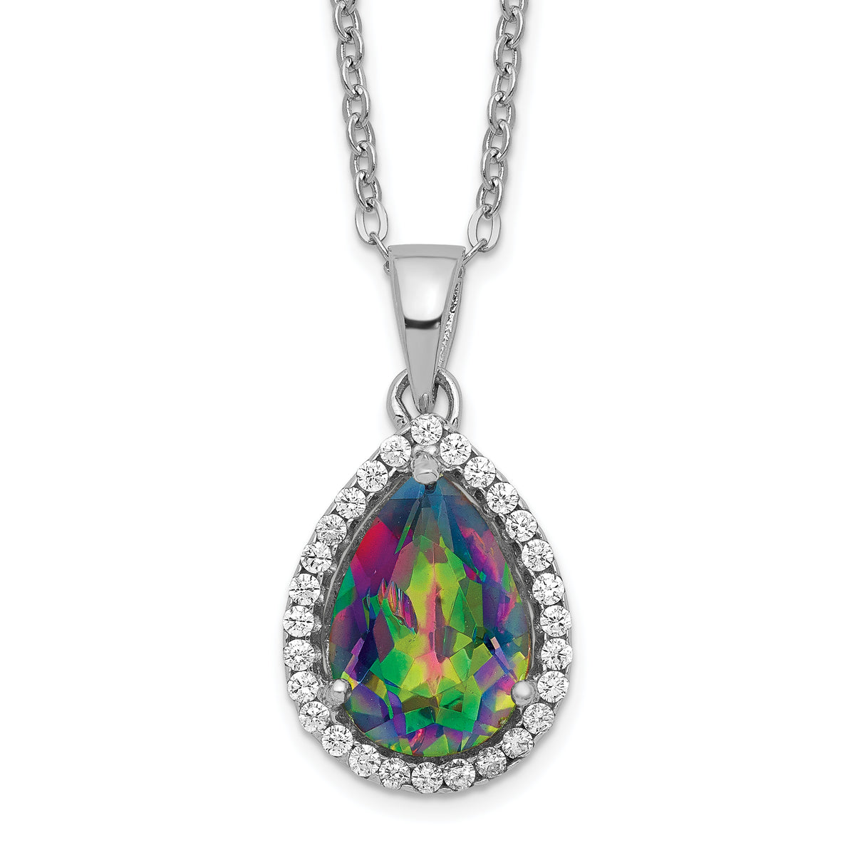 Sterling Silver Rhodium Polished Mystic Topaz & CZ Necklace