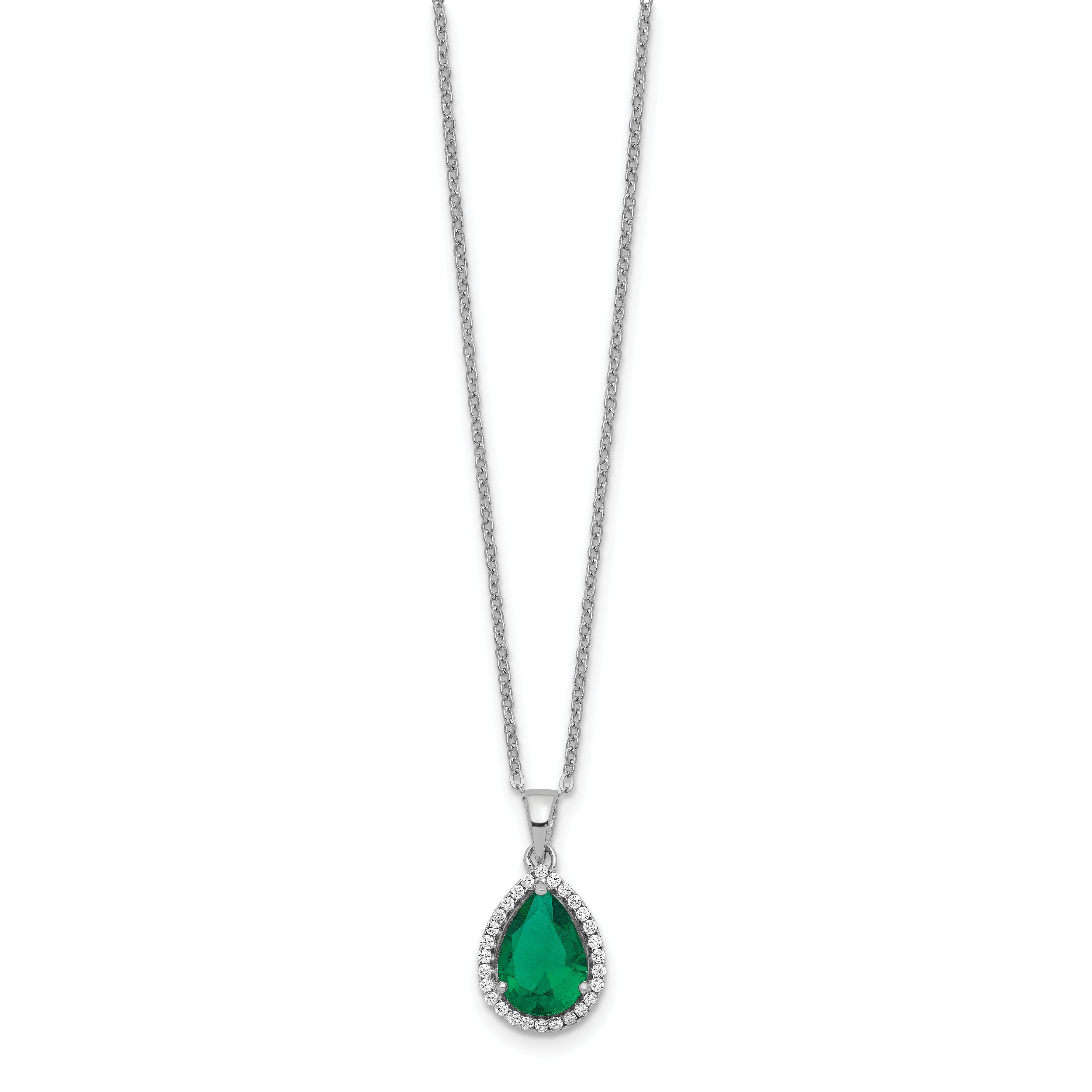 Sterling Silver 925 Necklace with Simulated Emerald & CZ Pendant