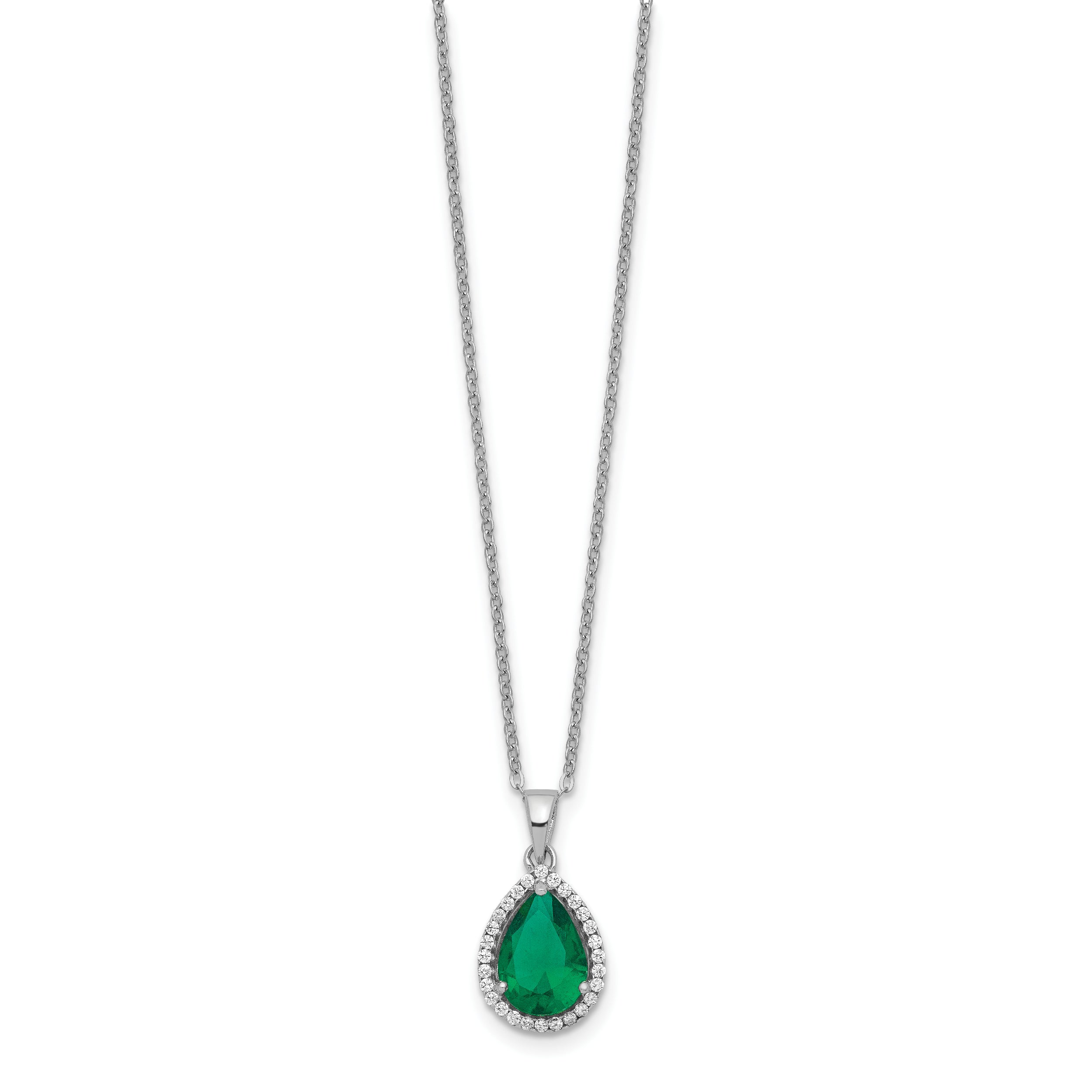 Sterling Silver Rhodium Simulated Emerald & CZ Necklace