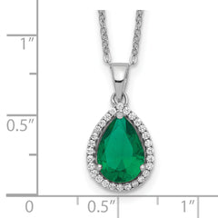 Sterling Silver Rhodium Simulated Emerald & CZ Necklace