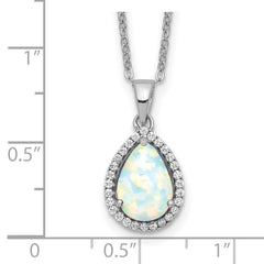 Sterling Silver Rhodium Polished Simulated Opal & CZ Necklace