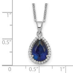 Sterling Silver Sapphire & CZ Pendant Necklace with Rhodium Elegance - 18