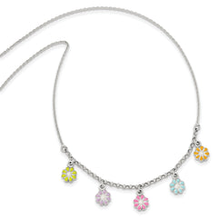 Sterling Silver Polished Multi-color Enameled Flowers Children's Necklace