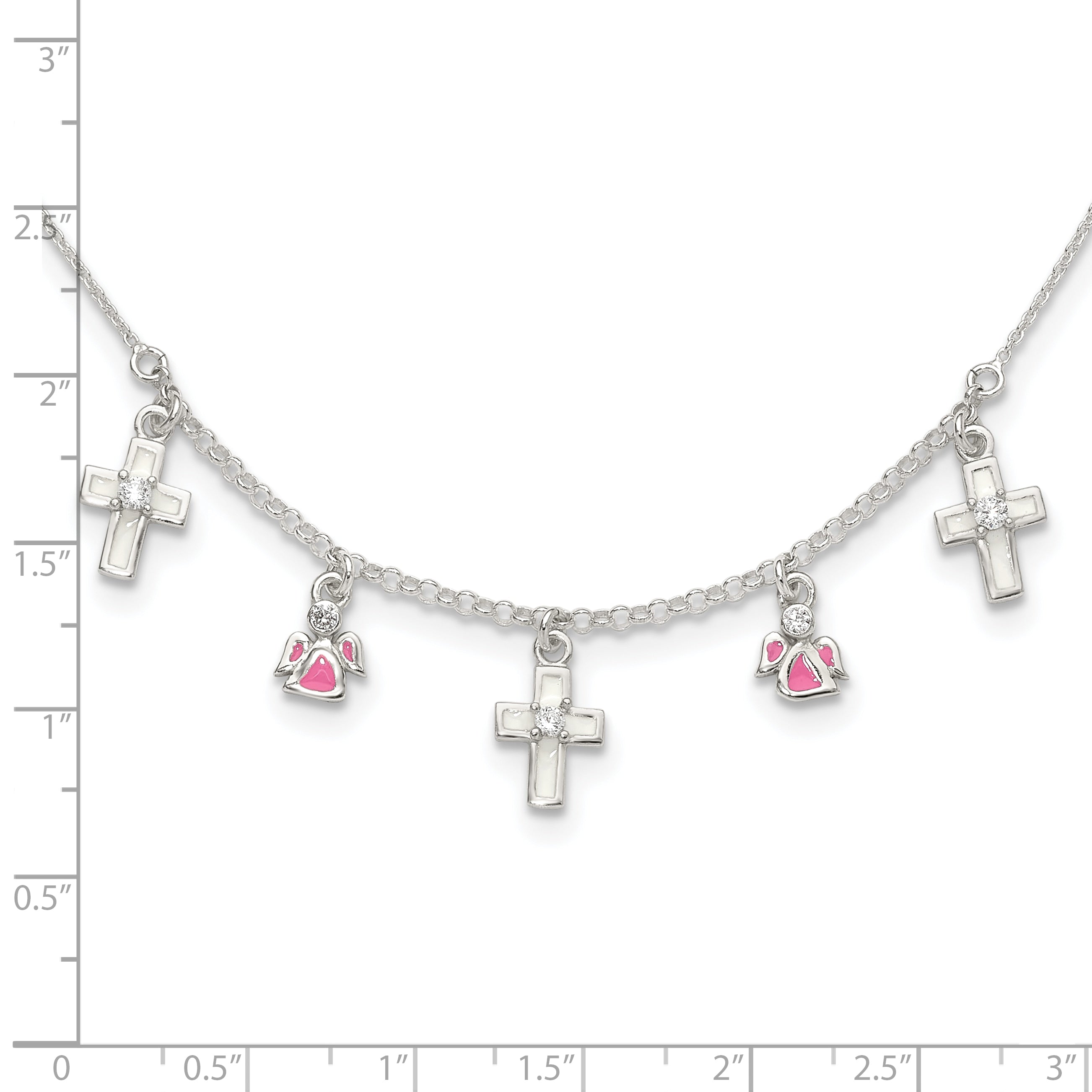 Sterling Silver Polished White & Pink Enameled CZ Cross and Angels Children's Necklace