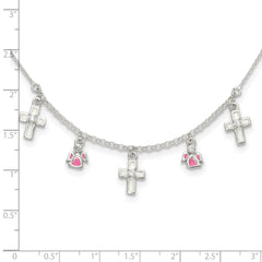 Sterling Silver Polished White & Pink Enameled CZ Cross and Angels Children's Necklace