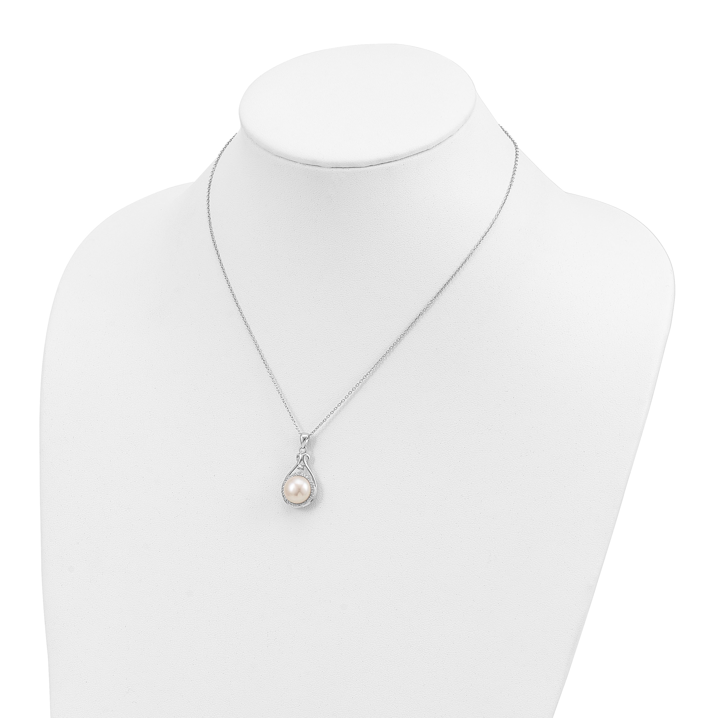 Sterling Silver Pearl CZ Necklace with Rhodium-Plated Finish