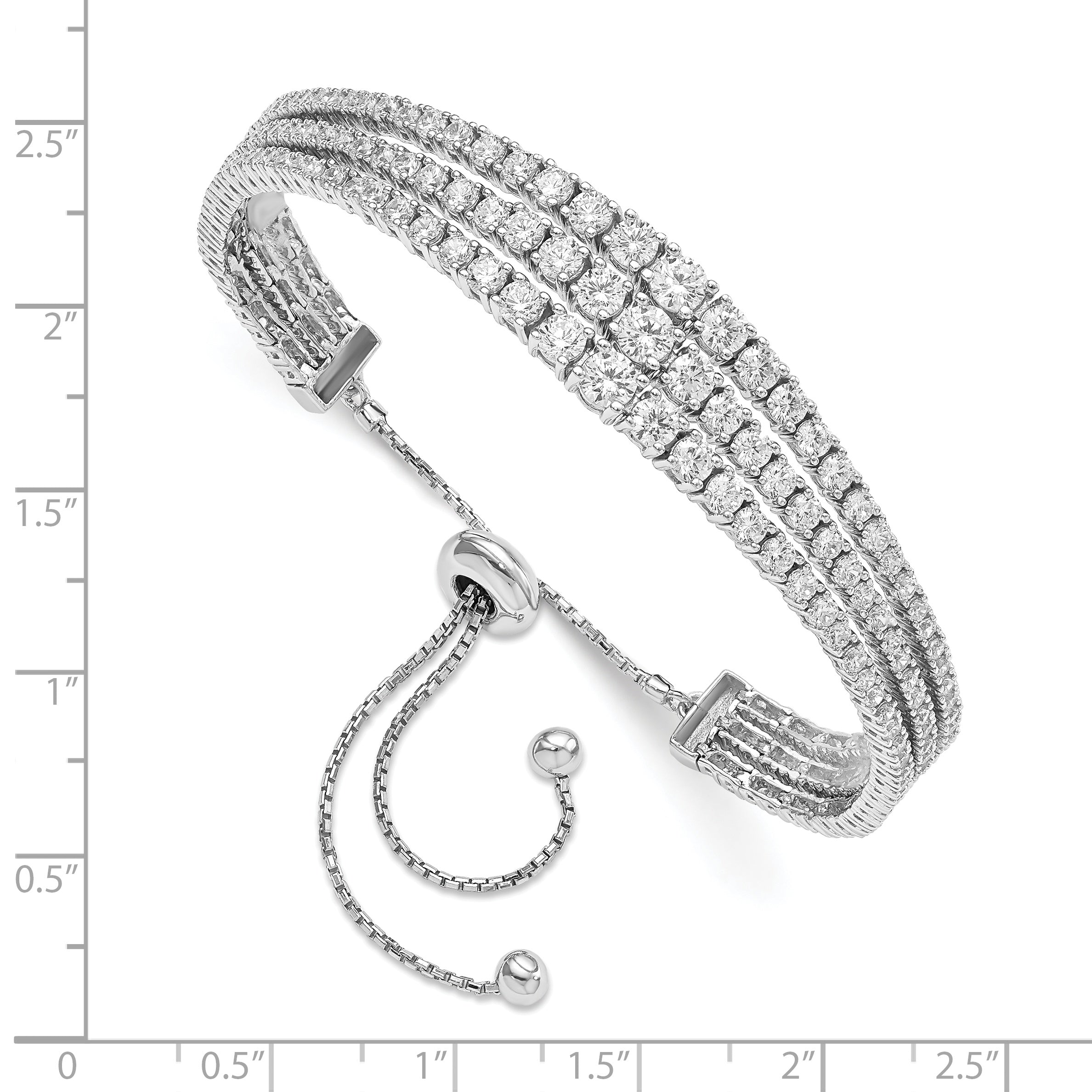 Sterling Silver 3-Strand CZ Adjustable Bracelet with Rhodium Shine
