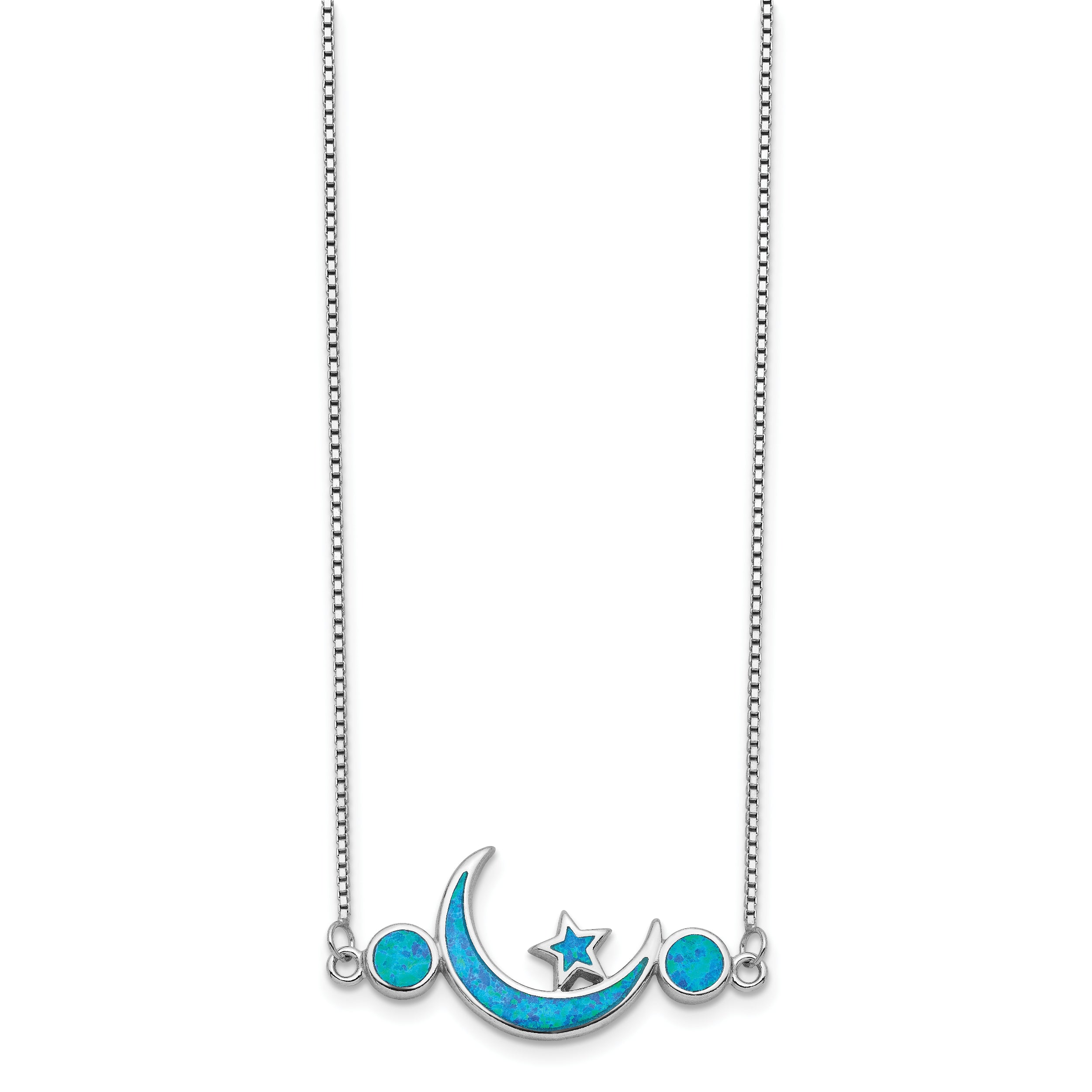 Sterling Silver Rhodium Plated Opal Moon Star Unisex Necklace - 19