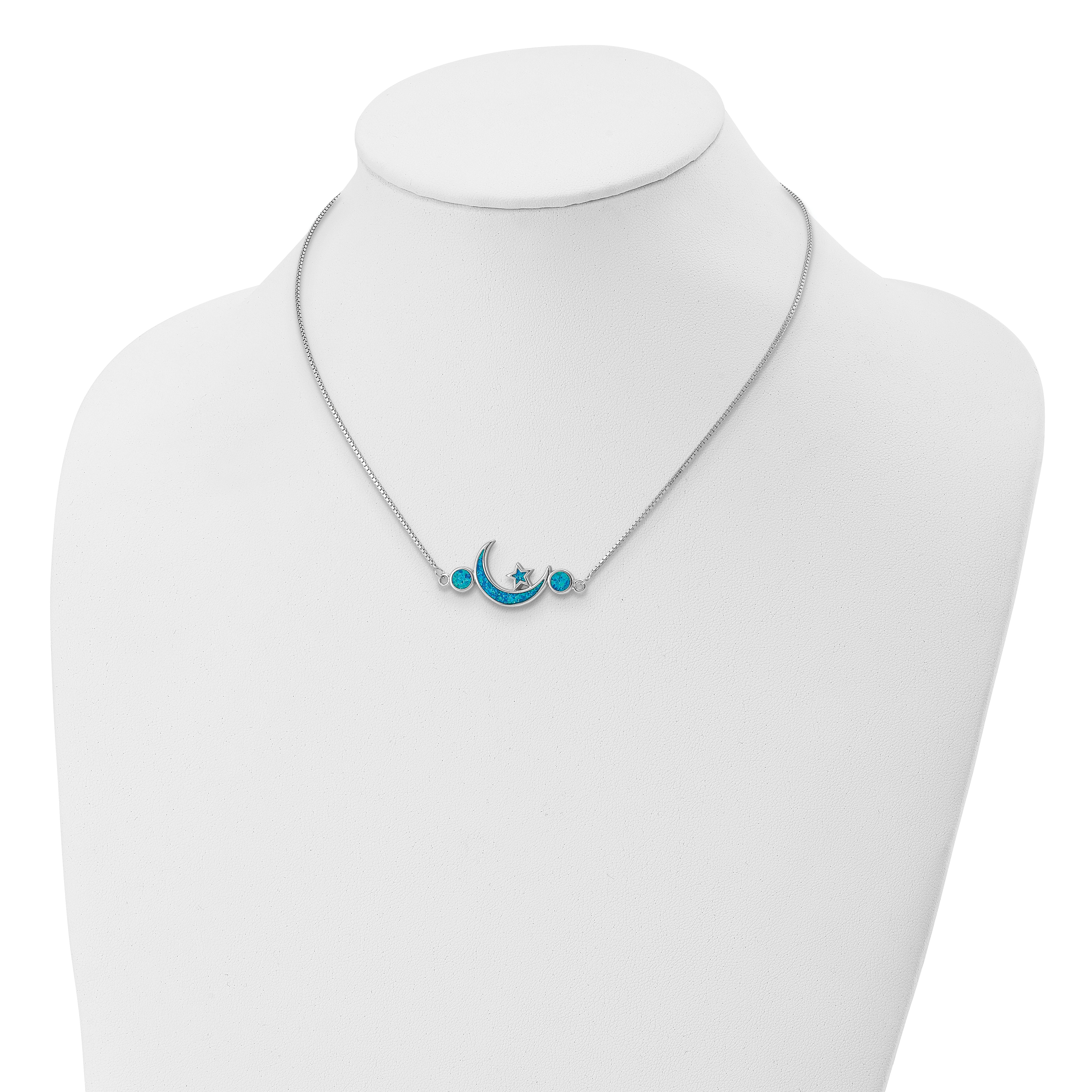 Sterling Silver Rhodium Plated Opal Moon Star Unisex Necklace - 19