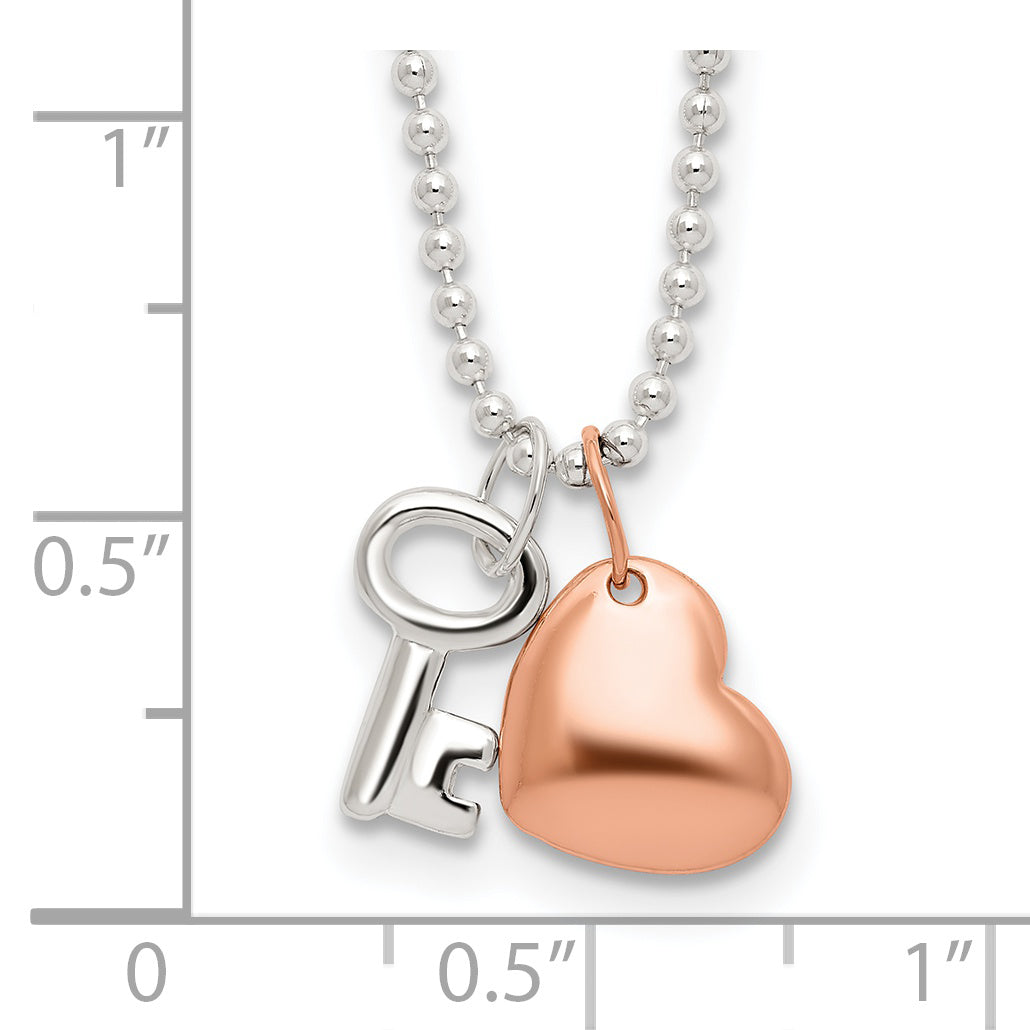 925 Sterling Silver Rose-Tone Heart and Key Necklace Elegant Polished Design 19