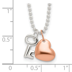 925 Sterling Silver Rose-Tone Heart and Key Necklace Elegant Polished Design 19