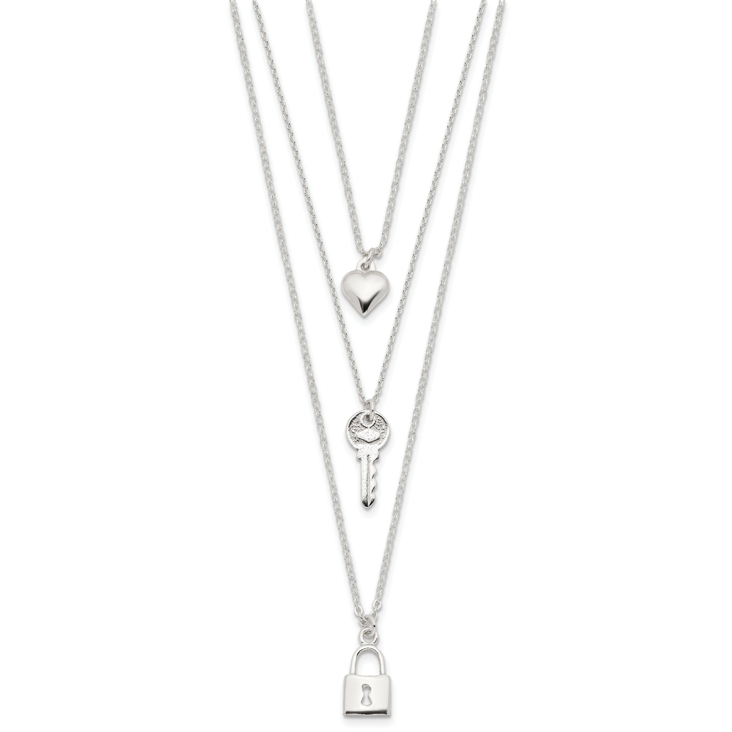 Sterling Silver 925 Heart-Key Lock Multi-Strand Necklace Polished Finish