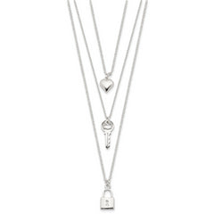 Sterling Silver 925 Heart-Key Lock Multi-Strand Necklace Polished Finish