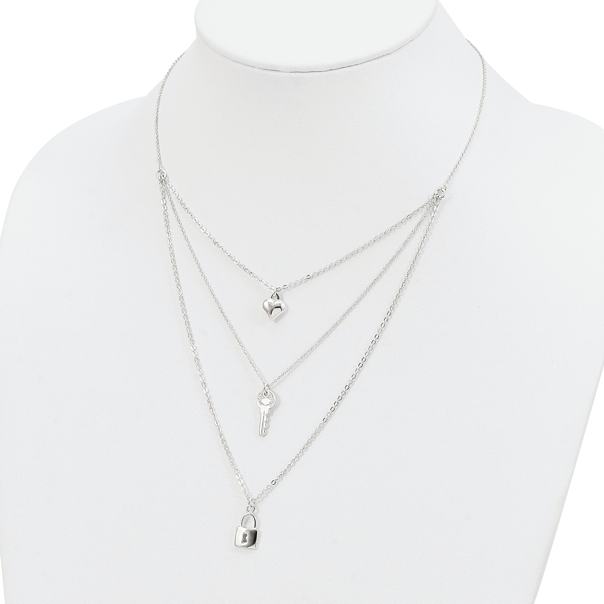 Sterling Silver 925 Heart-Key Lock Multi-Strand Necklace Polished Finish