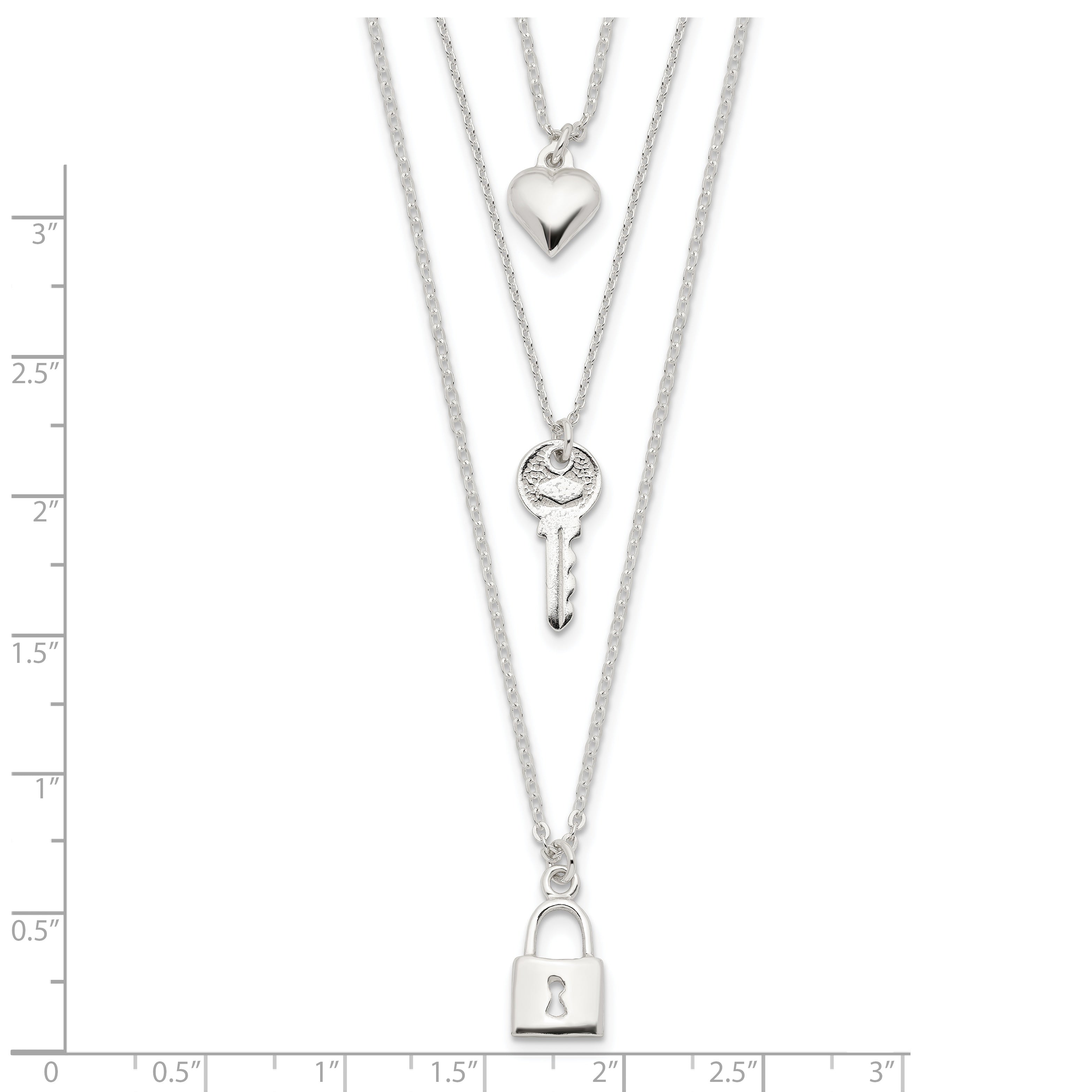 Sterling Silver 925 Heart-Key Lock Multi-Strand Necklace Polished Finish