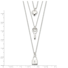Sterling Silver 925 Heart-Key Lock Multi-Strand Necklace Polished Finish