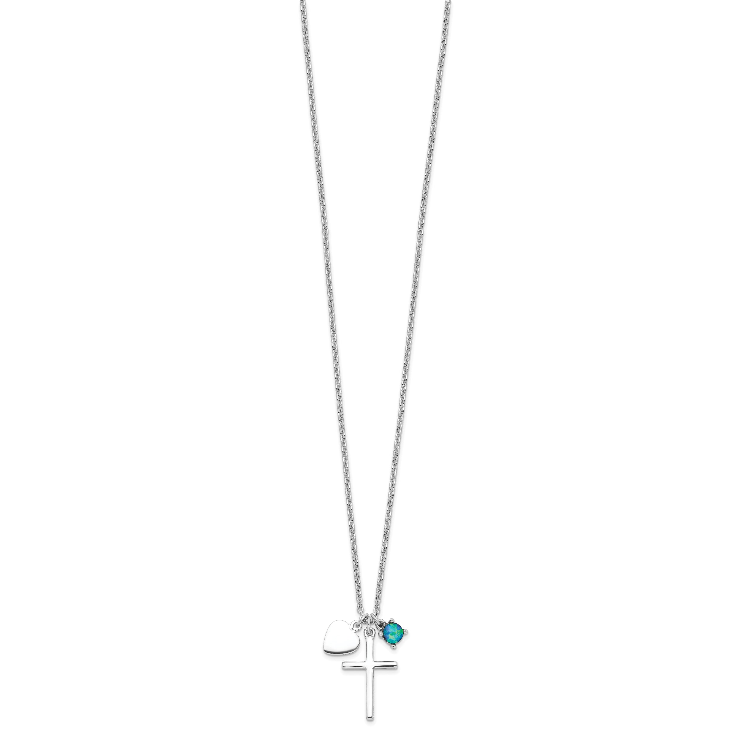 Sterling Silver Blue Opal Cross Necklace with Polished Rhodium Finish