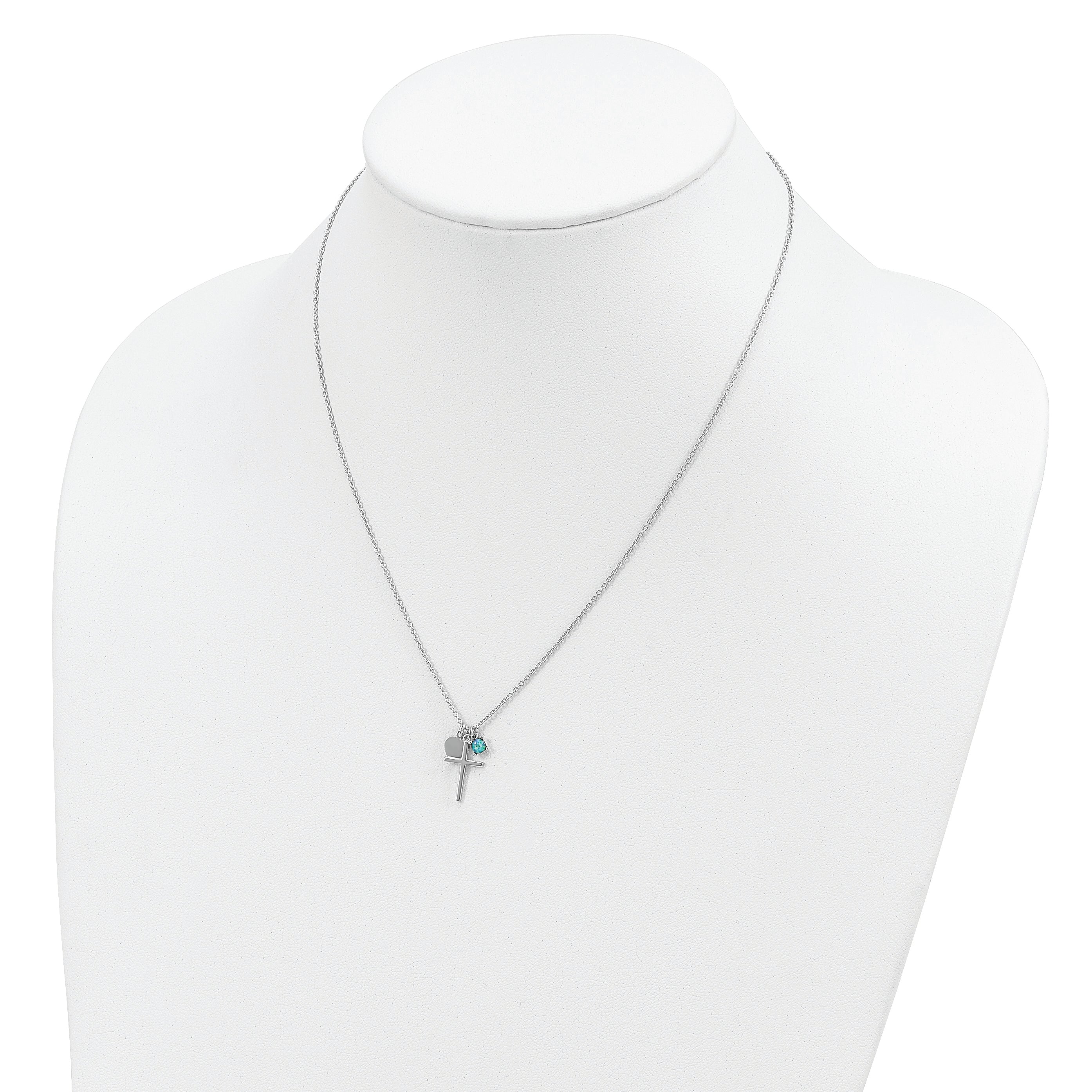Sterling Silver Blue Opal Cross Necklace with Polished Rhodium Finish