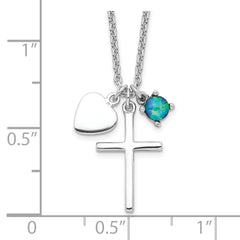 Sterling Silver Blue Opal Cross Necklace with Polished Rhodium Finish