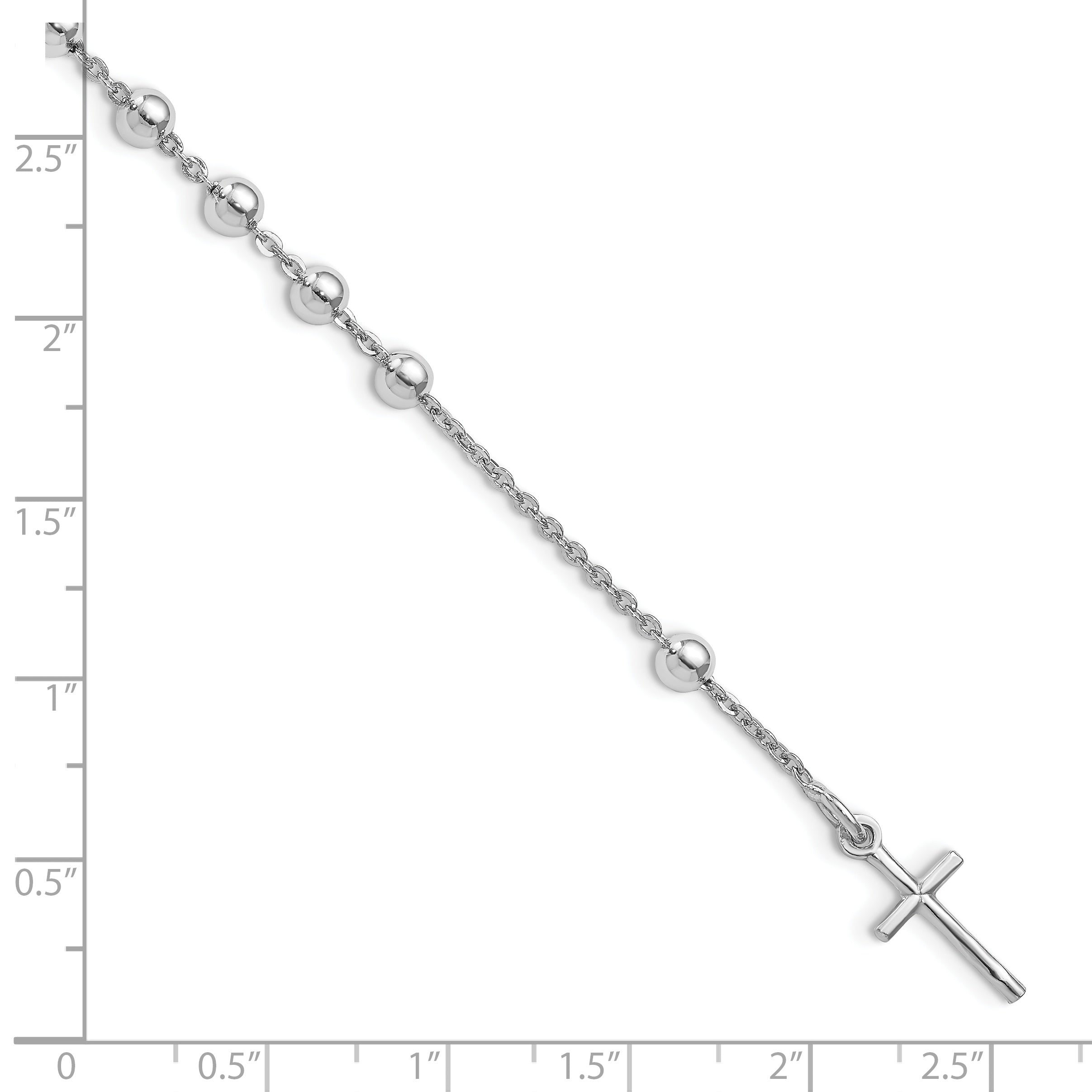 Sterling Silver Rhodium Plated Polished Beaded Cross Bracelet - 7