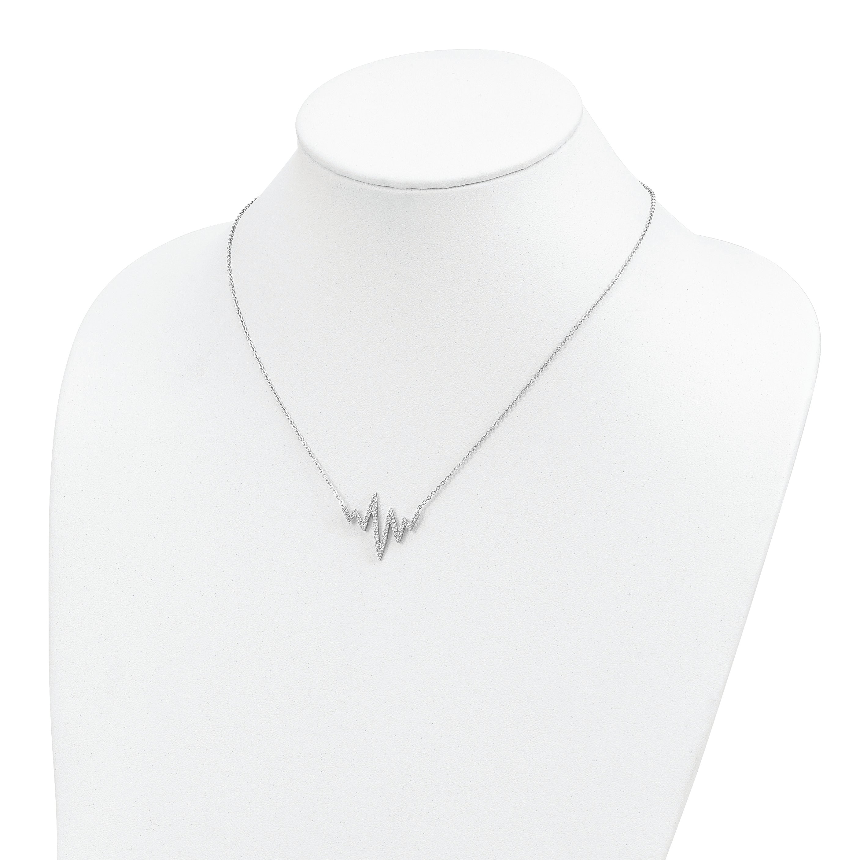 Sterling Silver 925 Heartbeat Necklace with CZ Rhodium-Plated Finish