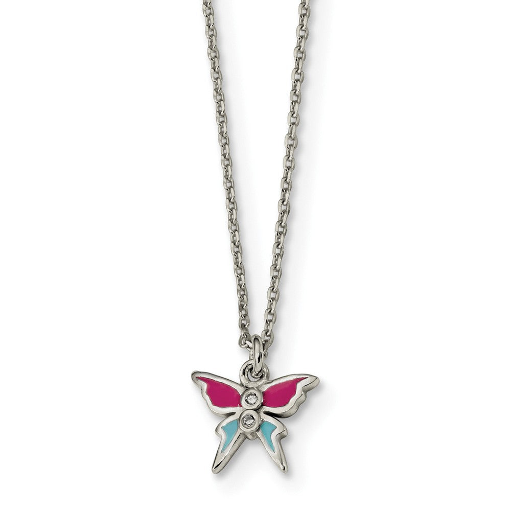 Sterling Silver Polished & Enameled CZ Butterfly 14in Necklace