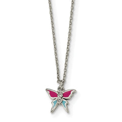 Sterling Silver Polished & Enameled CZ Butterfly 14in Necklace