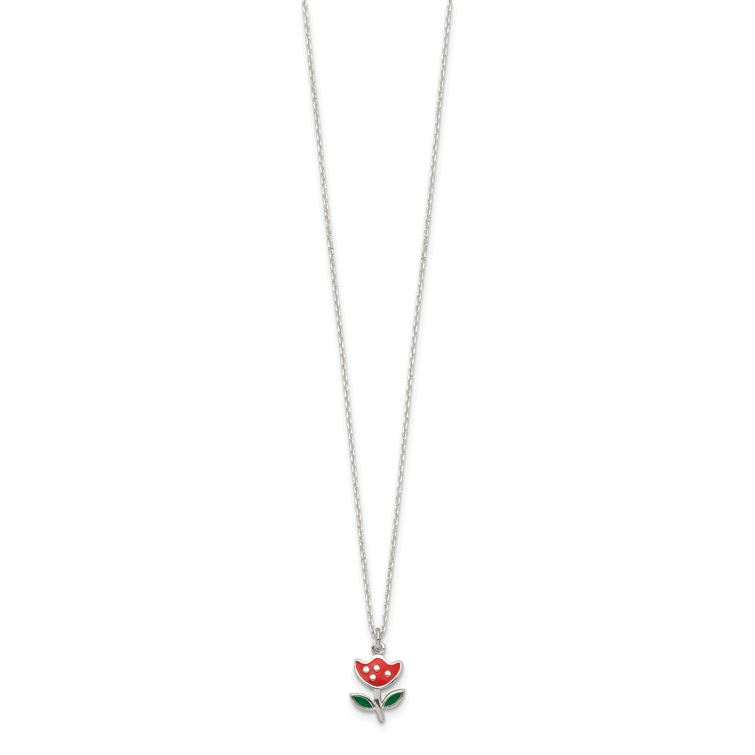 Sterling Silver 925 Children's Necklace with Red & Green Enameled Flower - 14