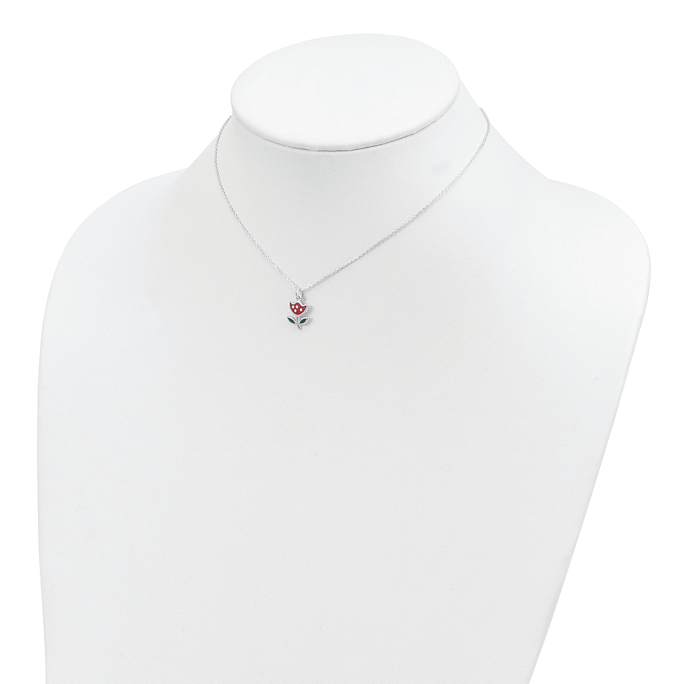 Sterling Silver 925 Children's Necklace with Red & Green Enameled Flower - 14