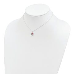 Sterling Silver 925 Children's Necklace with Red & Green Enameled Flower - 14