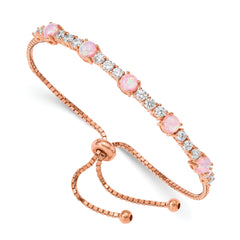Sterling Silver Rose-tone Created Opal and CZ Adjustable Bracelet