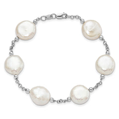Sterling Silver Rhod-plated 12-13 Coin FWC Pearl 6 Stat Bracelet