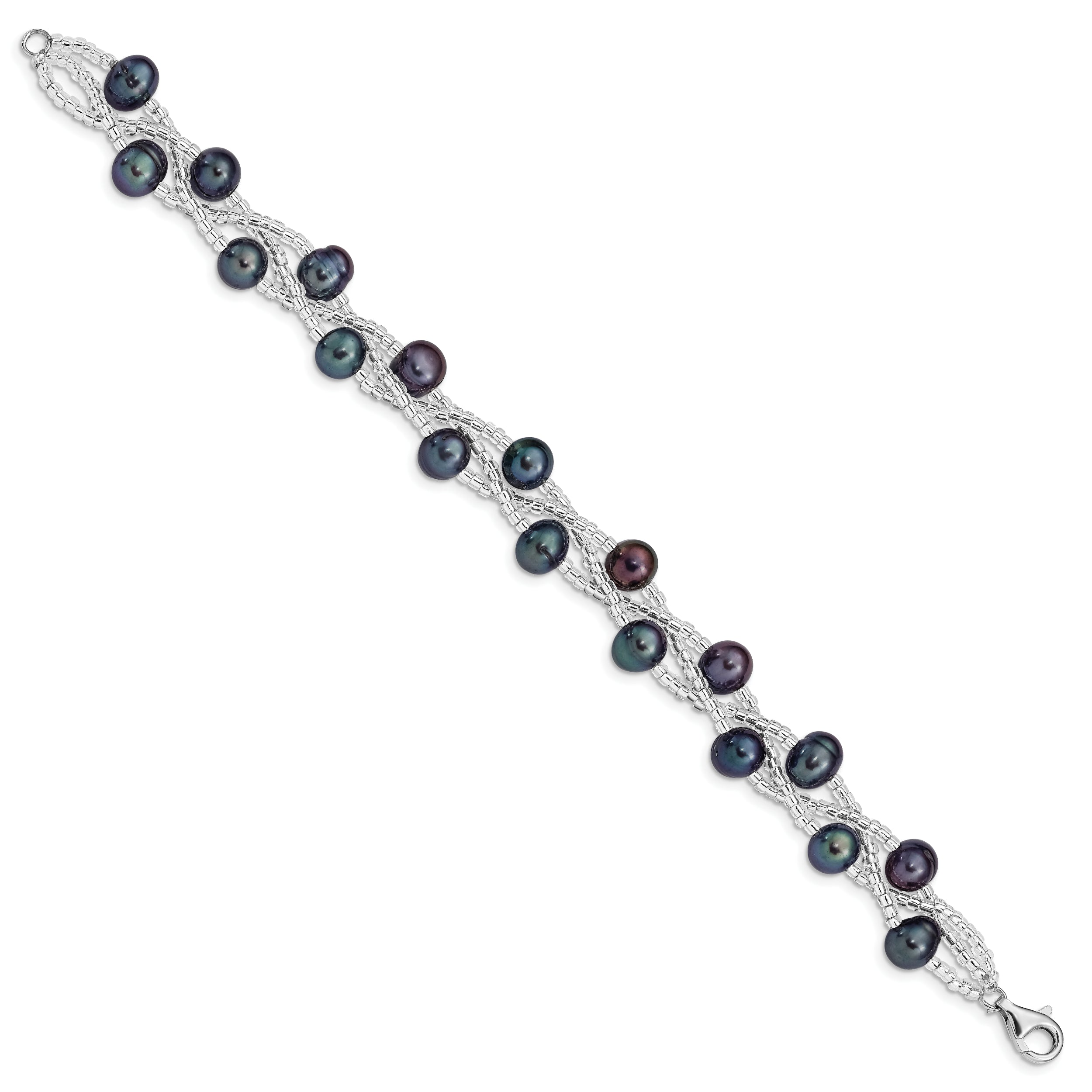 Sterling Silver Rhd-plt 7-9mm Black FWC Pearl & Glass Beaded Bracelet