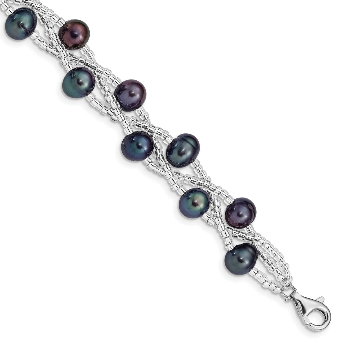 Sterling Silver Rhd-plt 7-9mm Black FWC Pearl & Glass Beaded Bracelet