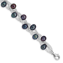 Sterling Silver Rhd-plt 7-9mm Black FWC Pearl & Glass Beaded Bracelet
