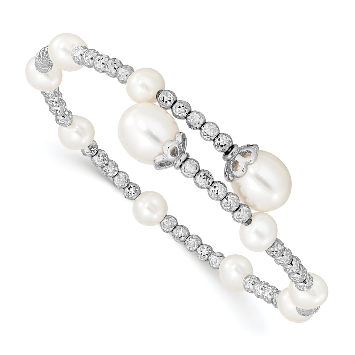 Sterling Silver Rh-plated 5-6mm and 8mm White FWC Pearl Coil Bangle