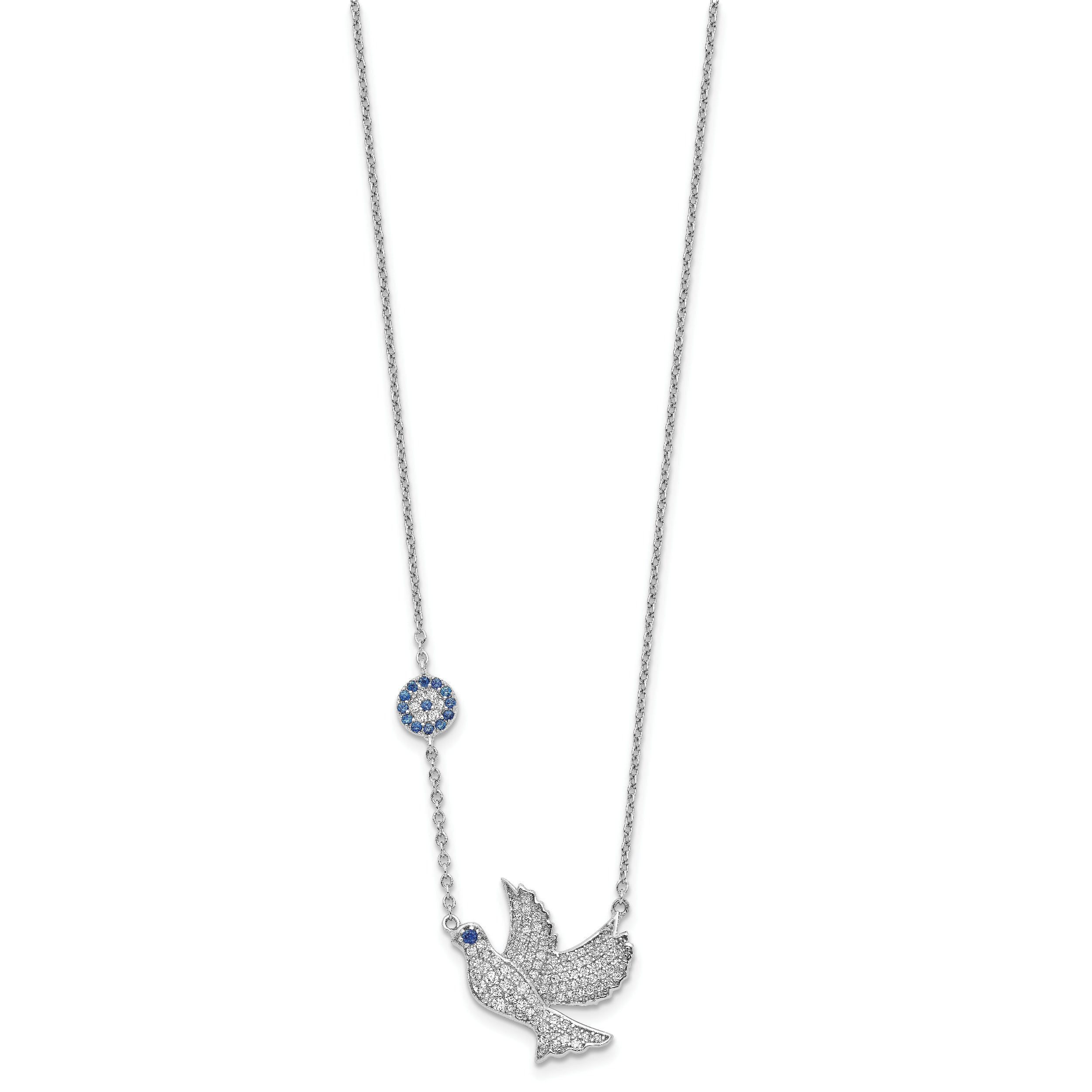 Sterling Silver Rhodium-plated Blue and Clear CZ Dove 16 inch Necklace with 2 inch extension